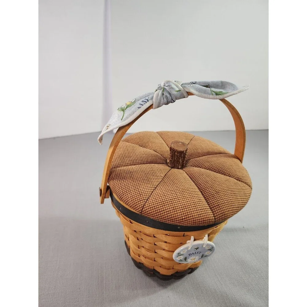 Longaberger 1999 Daisy Basket Handwoven with Fabric Pumpkin Lid & Handle Decor